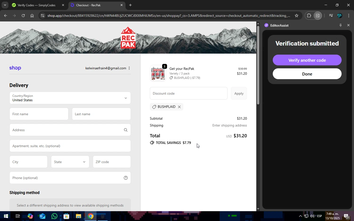 Recpak checkout page showing Recpak promo code box | Screenshot taken by SimplyCodes community member on Oct 13, 2025