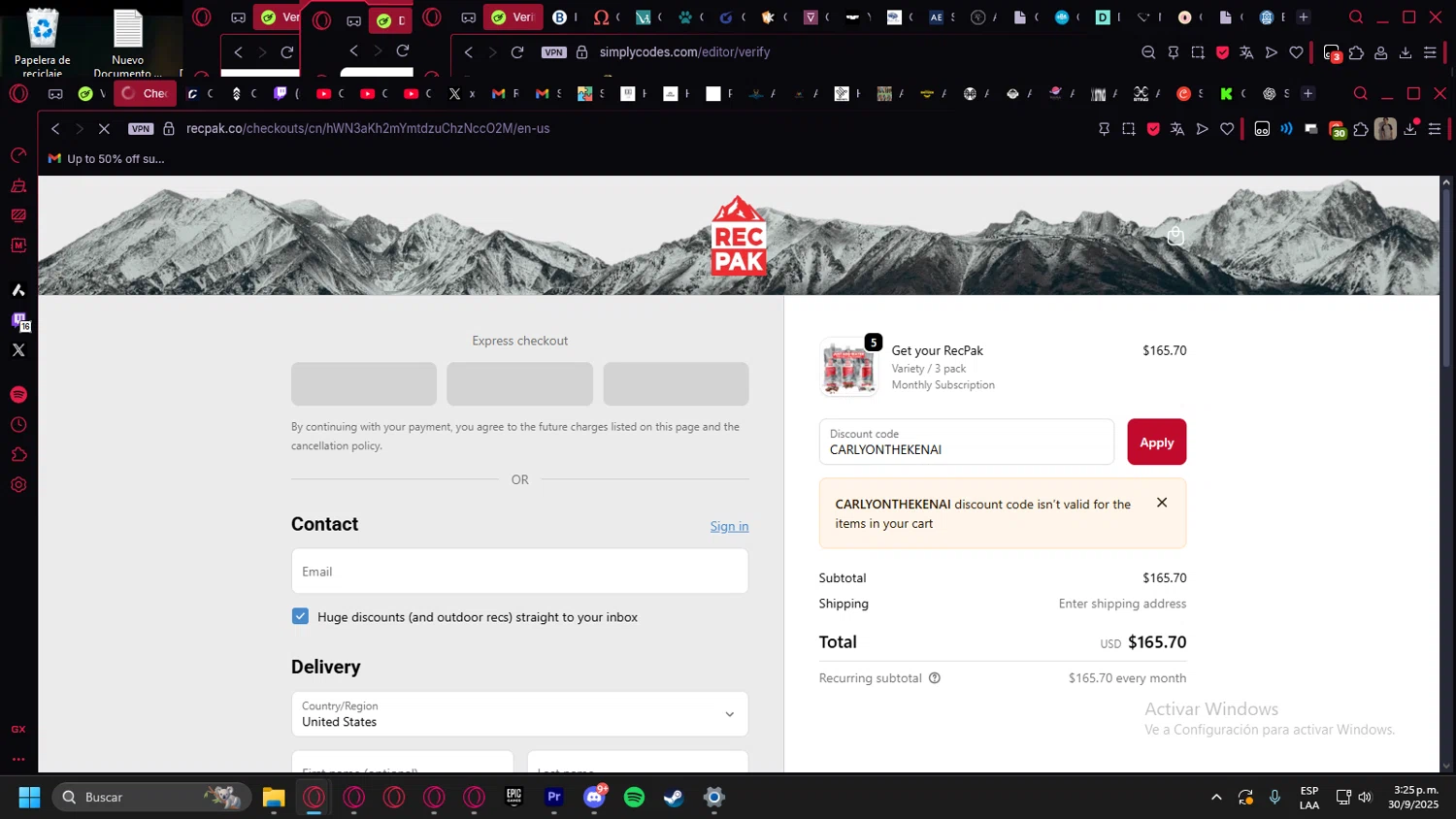 Recpak checkout page showing Recpak promo code box | Screenshot taken by SimplyCodes community member on Sep 30, 2025