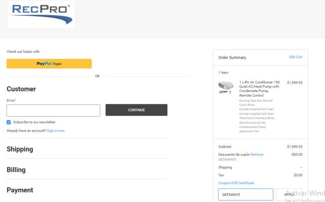 RecPro checkout page showing RecPro coupon code box | Screenshot taken by SimplyCodes community member on Aug 14, 2025