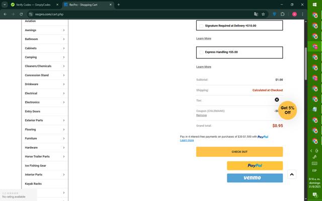 RecPro checkout page showing RecPro coupon code box | Screenshot taken by SimplyCodes community member on Aug 31, 2025