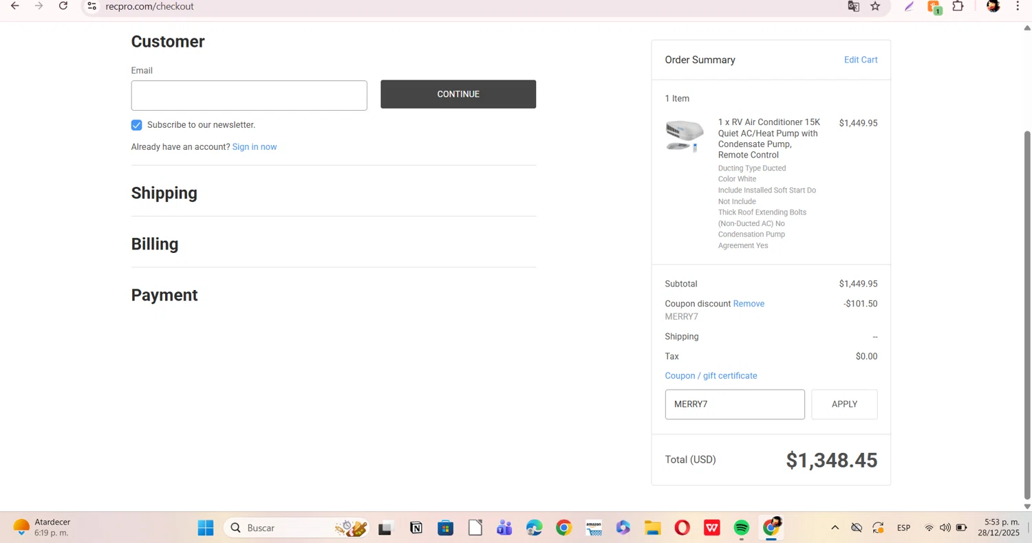 RecPro promo code screenshot showing code MERRY7 applied at RecPro checkout page. Uploaded by SimplyCodes community member ERI0810 on Dec 28, 2025