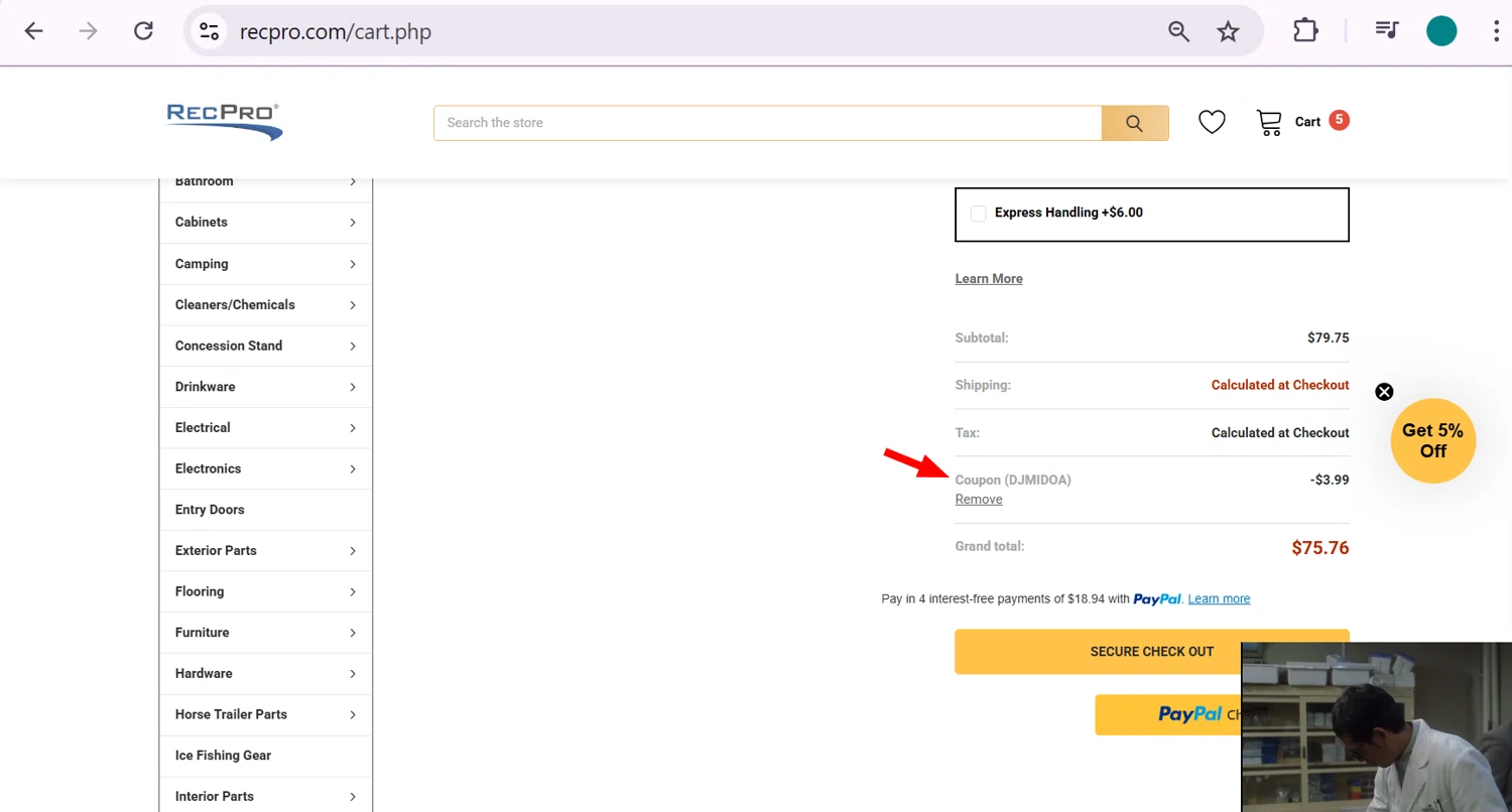 RecPro promo code screenshot showing code DJMIDOA applied at RecPro checkout page. Uploaded by SimplyCodes community member anosesmith on May 5, 2026