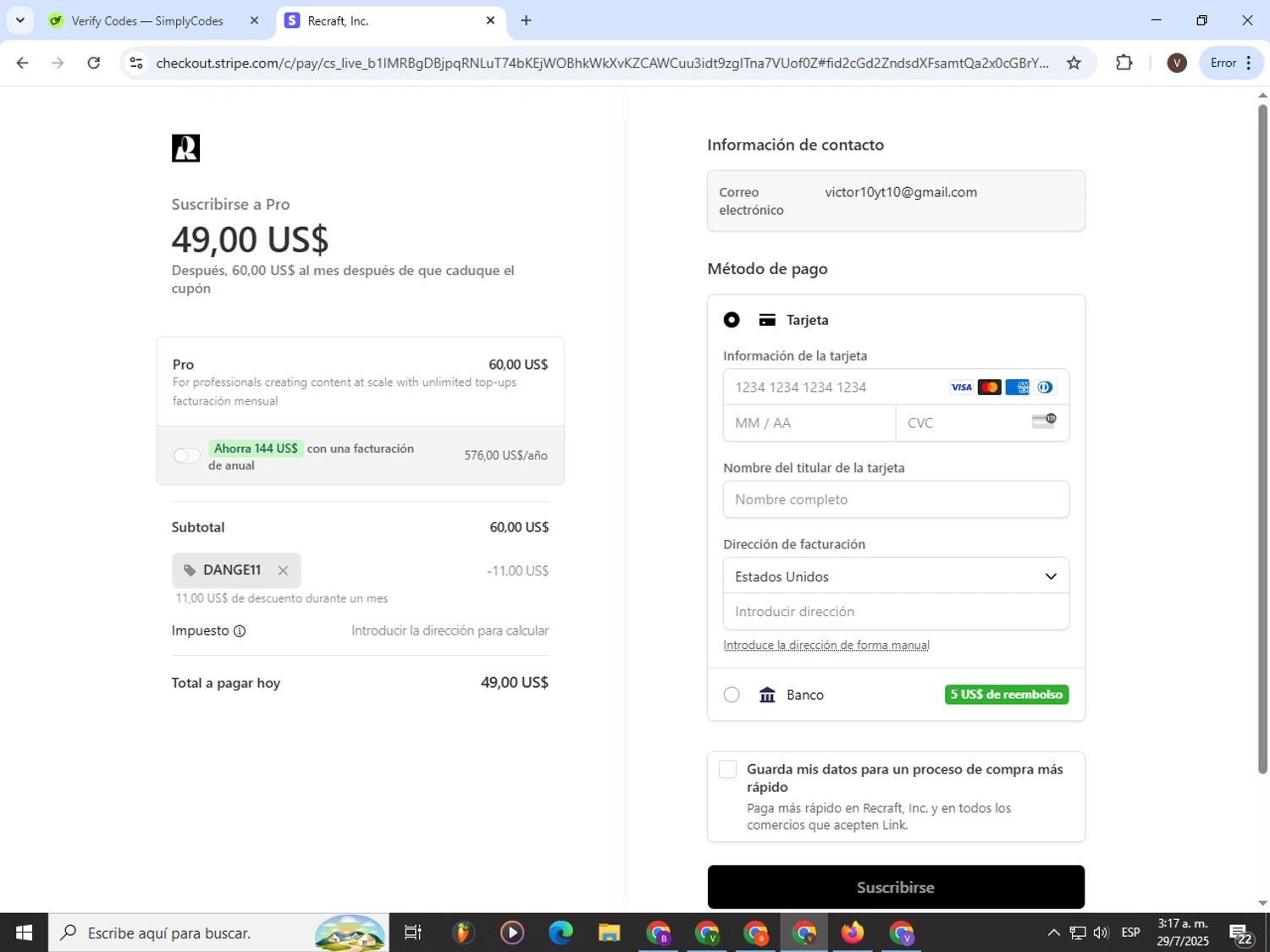 Recraft checkout page showing Recraft promo code box | Screenshot taken by SimplyCodes community member on Jul 29, 2025