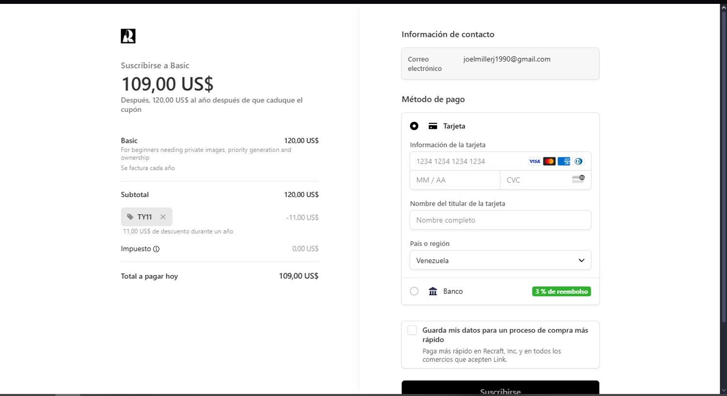 Recraft checkout page showing Recraft promo code box | Screenshot taken by SimplyCodes community member on Aug 8, 2025