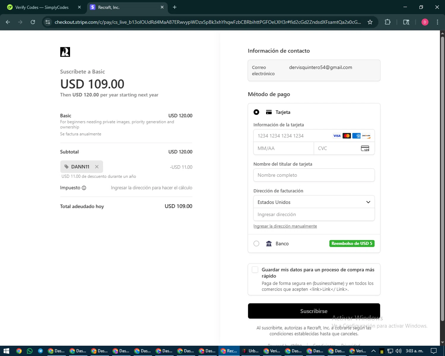 Recraft promo code screenshot showing code DANN11 applied at Recraft checkout page. Uploaded by SimplyCodes community member MoneySeeker7165 on Sep 2, 2025