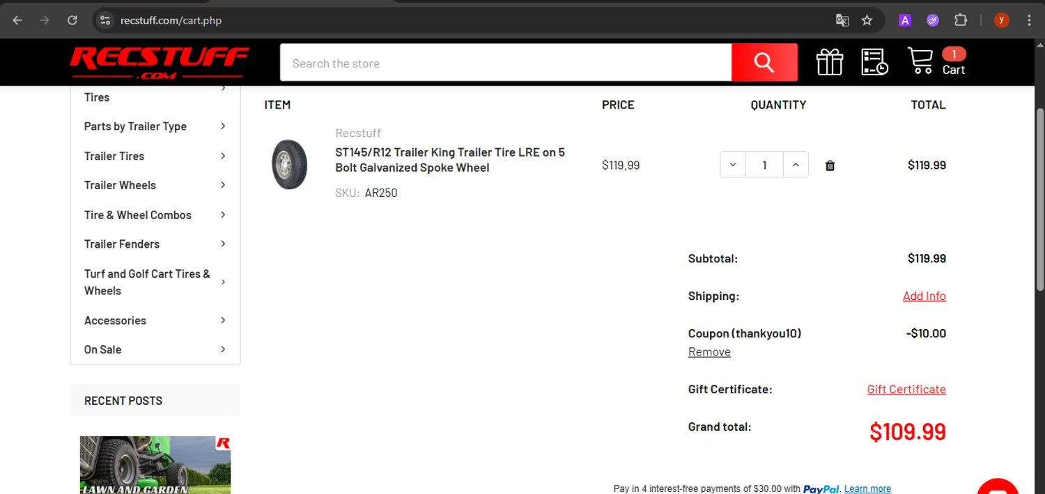 Recstuff.com coupon code screenshot showing code THANKYOU10 applied at Recstuff.com checkout page. Uploaded by SimplyCodes community member CrownTiger7501 on Nov 5, 2025