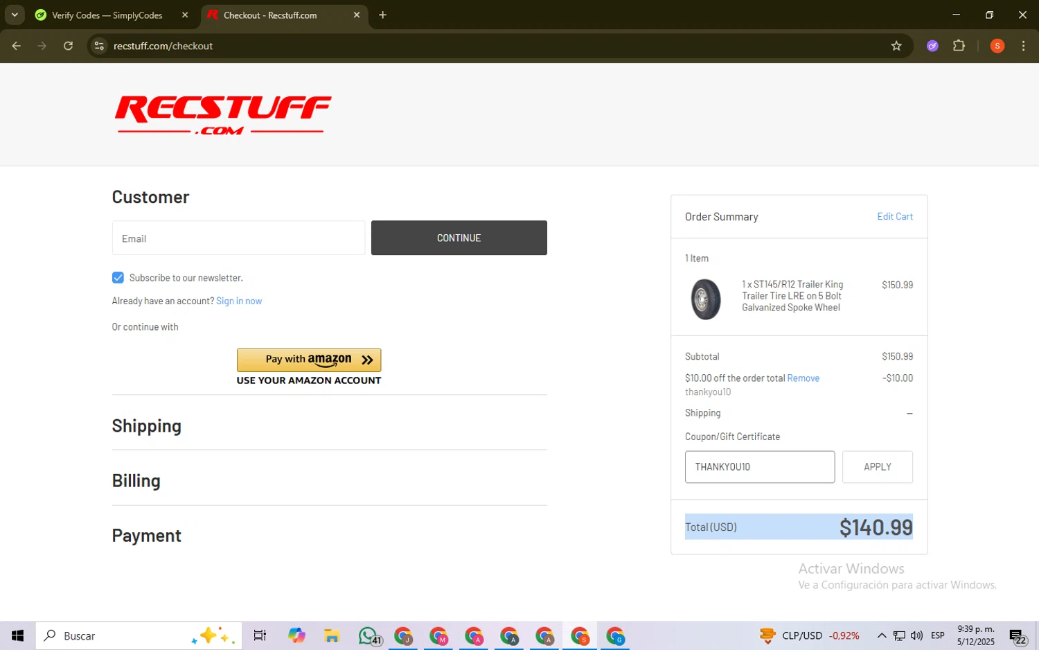 Recstuff.com coupon code screenshot showing code THANKYOU10 applied at Recstuff.com checkout page. Uploaded by SimplyCodes community member ScanKnight8857 on Dec 6, 2025