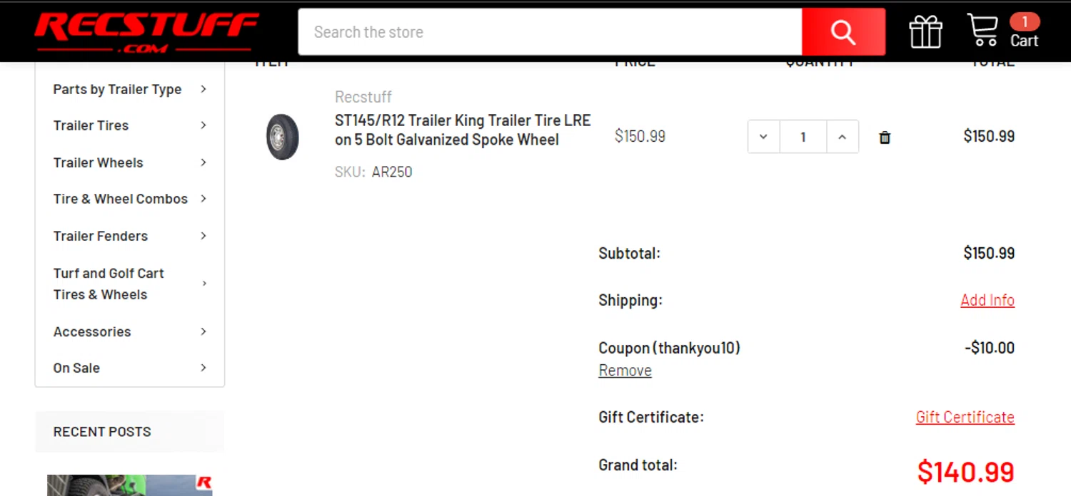 Recstuff.com coupon code screenshot showing code THANKYOU10 applied at Recstuff.com checkout page. Uploaded by SimplyCodes community member franklinmiranda on Nov 15, 2025
