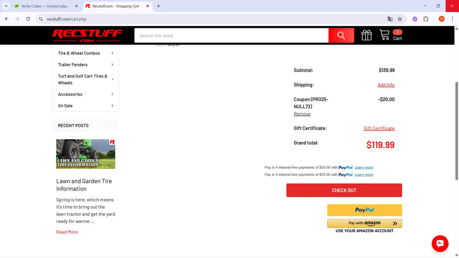 Recstuff.com coupon code screenshot showing code PRO25-NULL72 applied at Recstuff.com checkout page. Uploaded by SimplyCodes community member PromoMonarch895 on Nov 21, 2025
