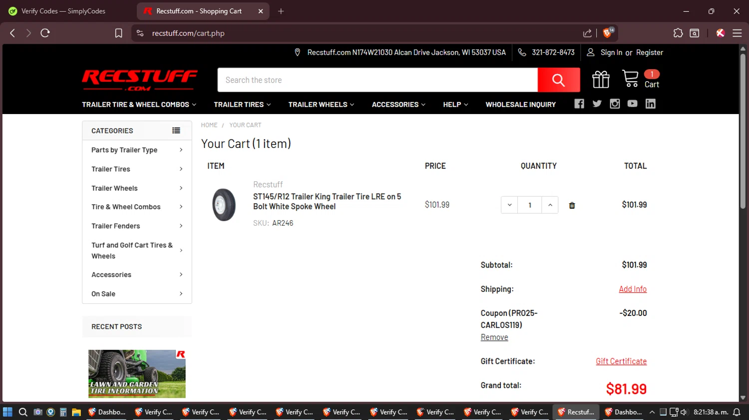 Recstuff.com checkout page showing Recstuff.com coupon code box | Screenshot taken by SimplyCodes community member on Feb 13, 2026