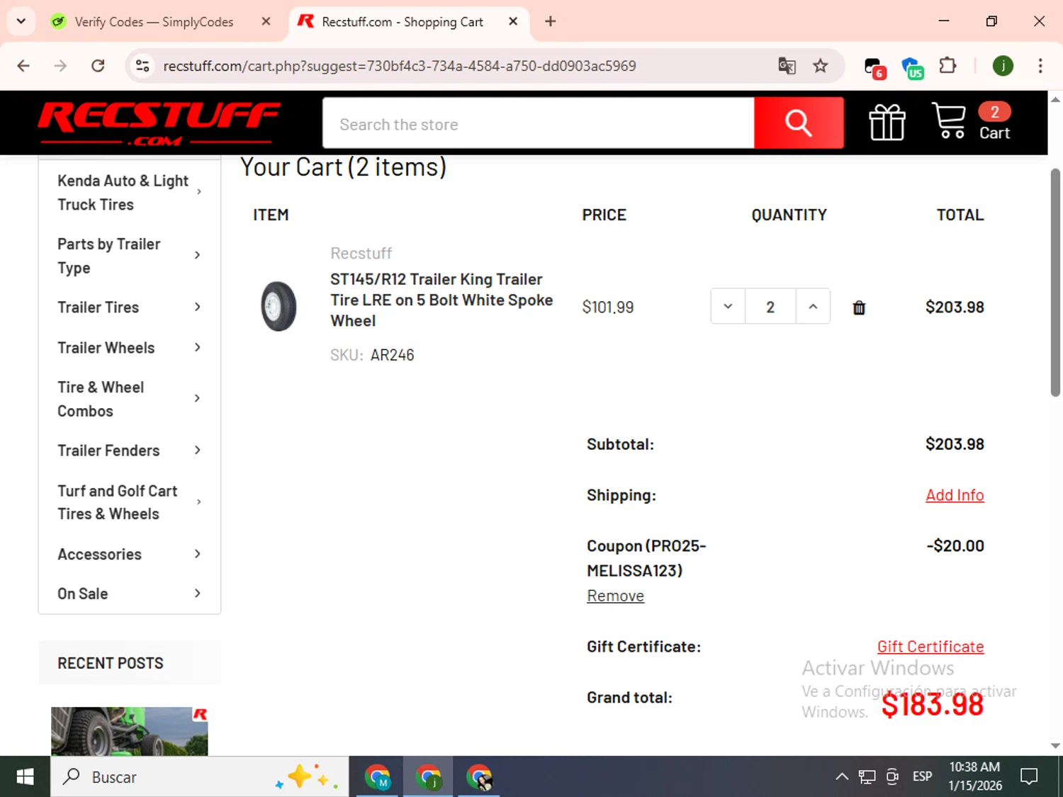 Recstuff.com coupon code screenshot showing code PRO25-MELISSA123 applied at Recstuff.com checkout page. Uploaded by SimplyCodes community member SavingsCollector2592 on Jan 15, 2026