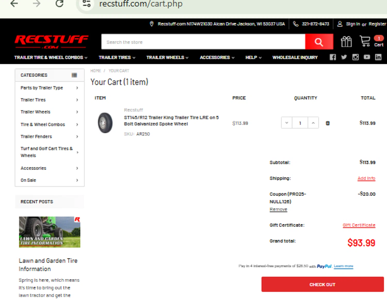 Recstuff.com checkout page showing Recstuff.com coupon code box | Screenshot taken by SimplyCodes community member on Feb 20, 2026