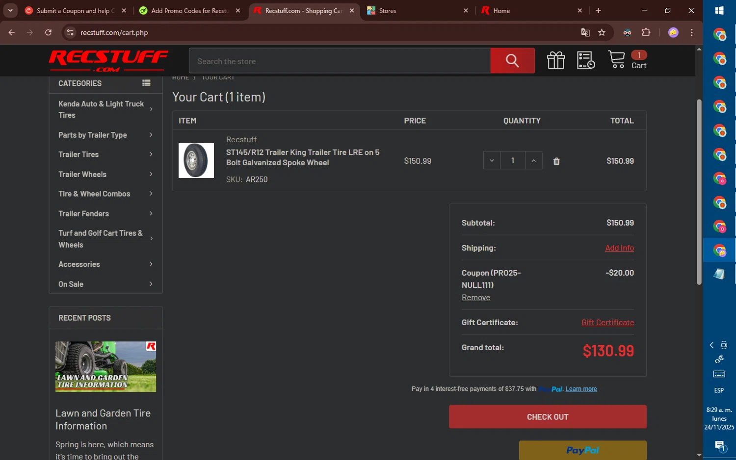 Recstuff.com coupon code screenshot showing code PRO25-NULL111 applied at Recstuff.com checkout page. Uploaded by SimplyCodes community member DealLynx7161 on Nov 24, 2025