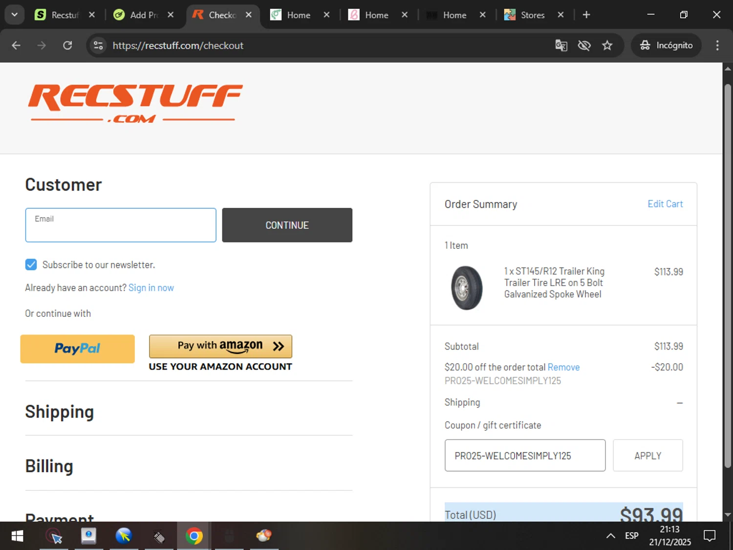 Recstuff.com coupon code screenshot showing code PRO25-WELCOMESIMPLY125 applied at Recstuff.com checkout page. Uploaded by SimplyCodes community member markosaranguren on Dec 22, 2025