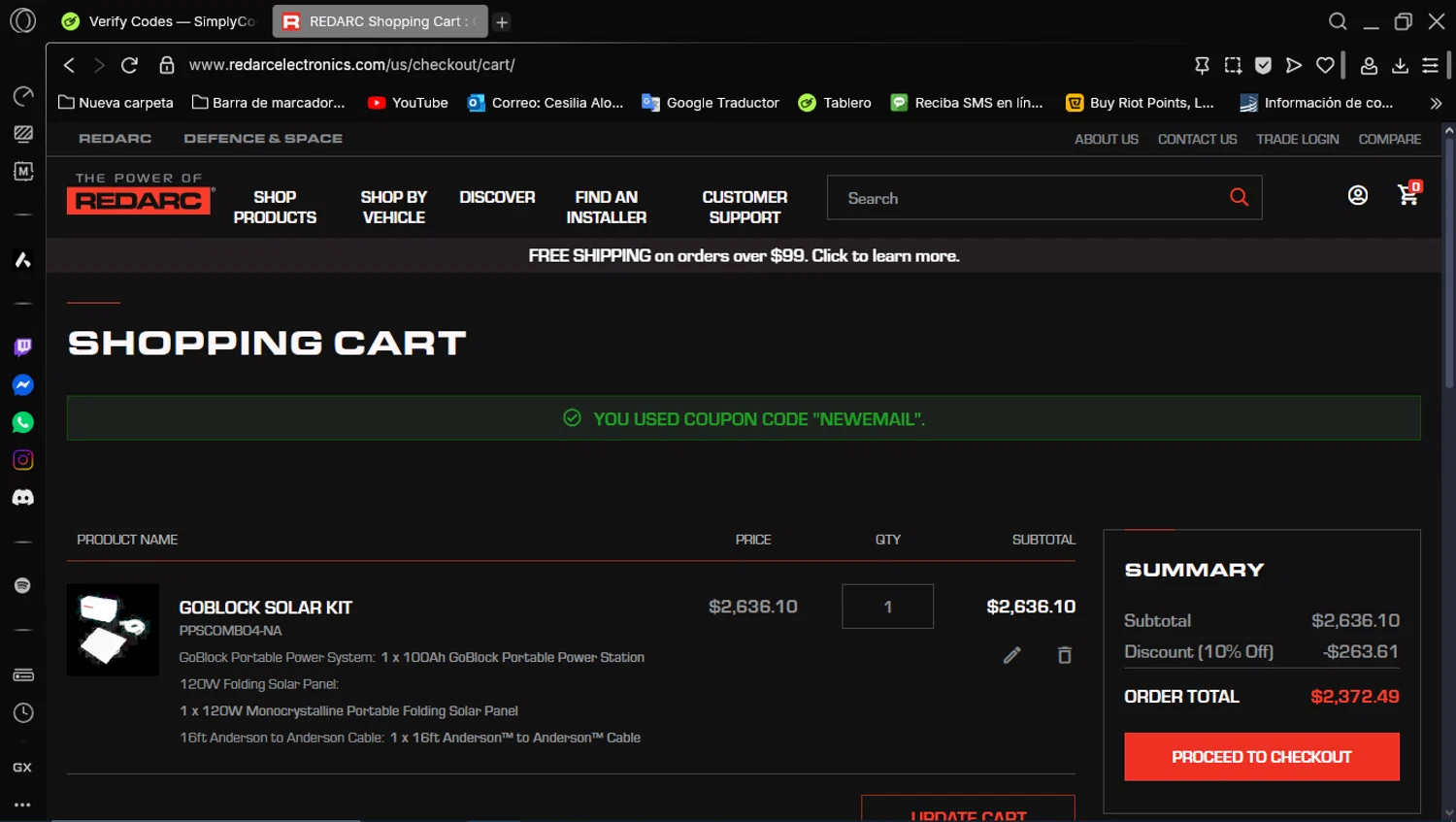 REDARC discount code screenshot showing code NEWEMAIL applied at REDARC checkout page. Uploaded by SimplyCodes community member Depresiva on Jun 10, 2025