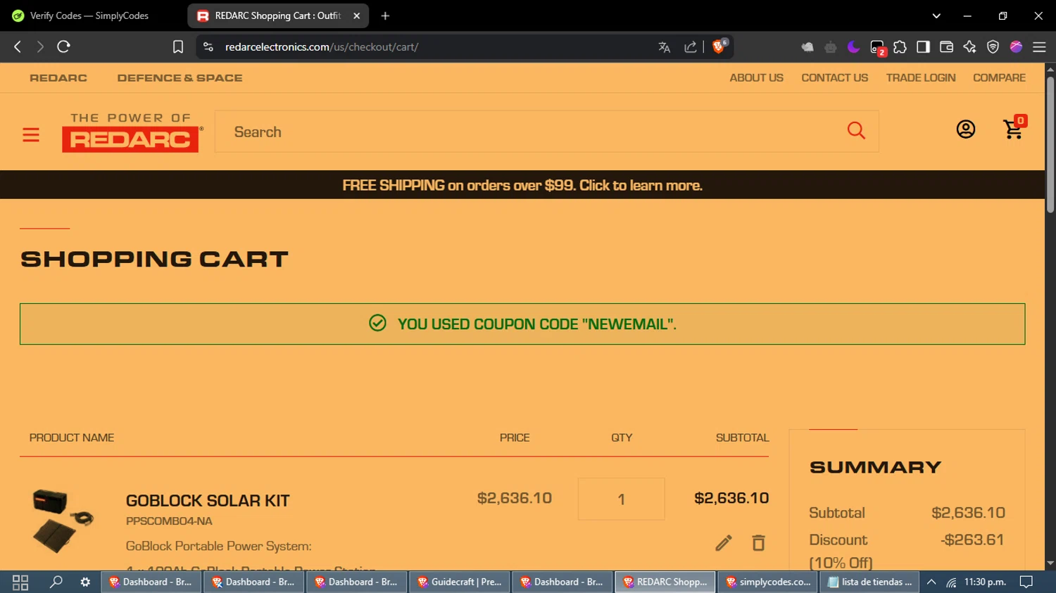 REDARC discount code screenshot showing code NEWEMAIL applied at REDARC checkout page. Uploaded by SimplyCodes community member CodeDefender2722 on Apr 10, 2025