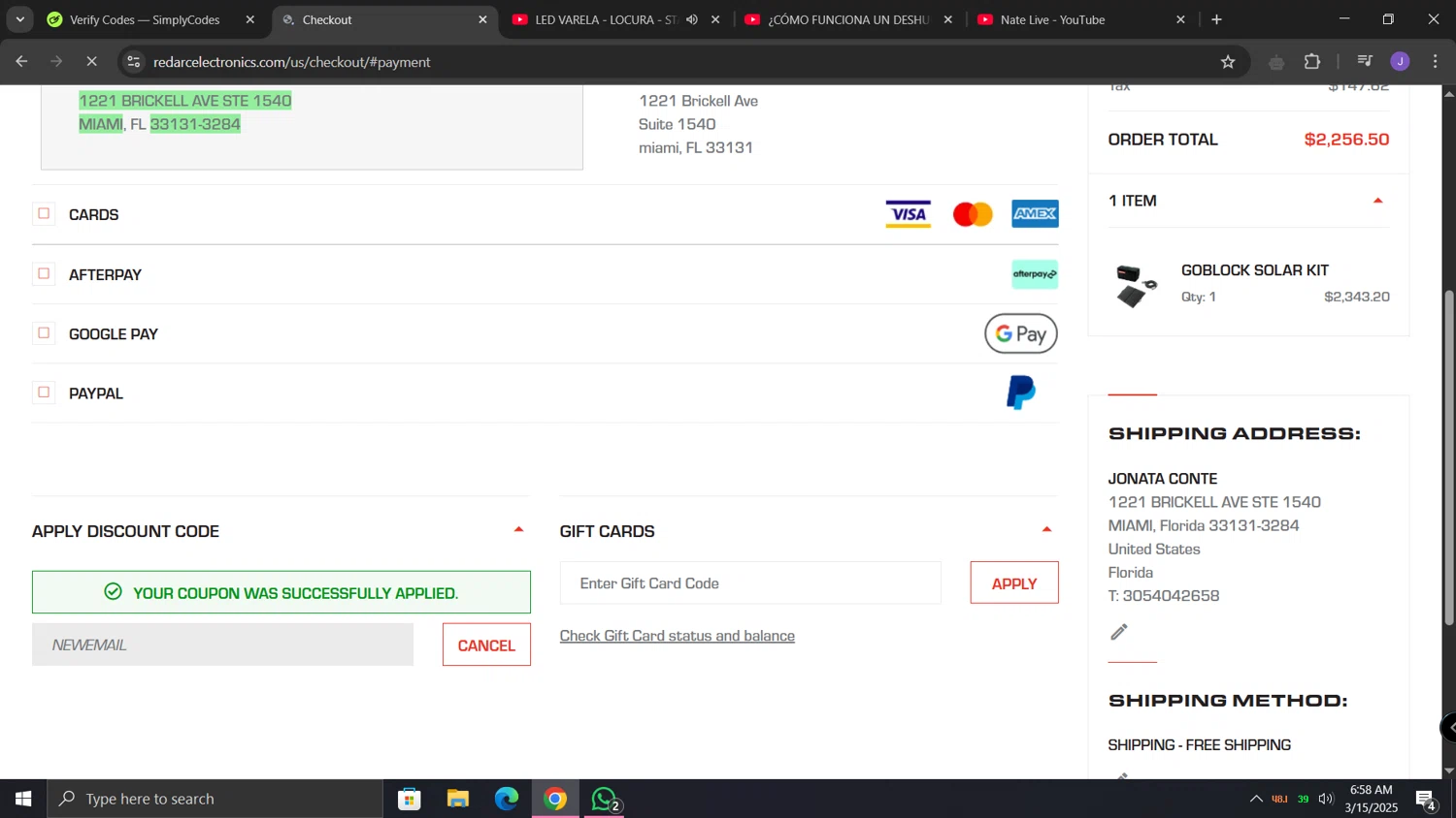 REDARC discount code screenshot showing code NEWEMAIL applied at REDARC checkout page. Uploaded by SimplyCodes community member lunita on Mar 15, 2025