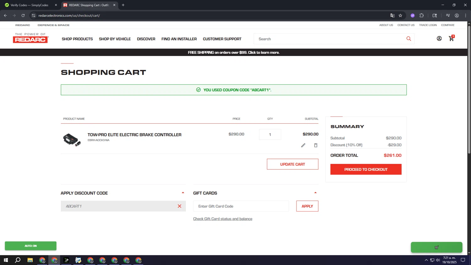 REDARC discount code screenshot showing code ABCART1 applied at REDARC checkout page. Uploaded by SimplyCodes community member ooooooooooooooooooo on Oct 19, 2025
