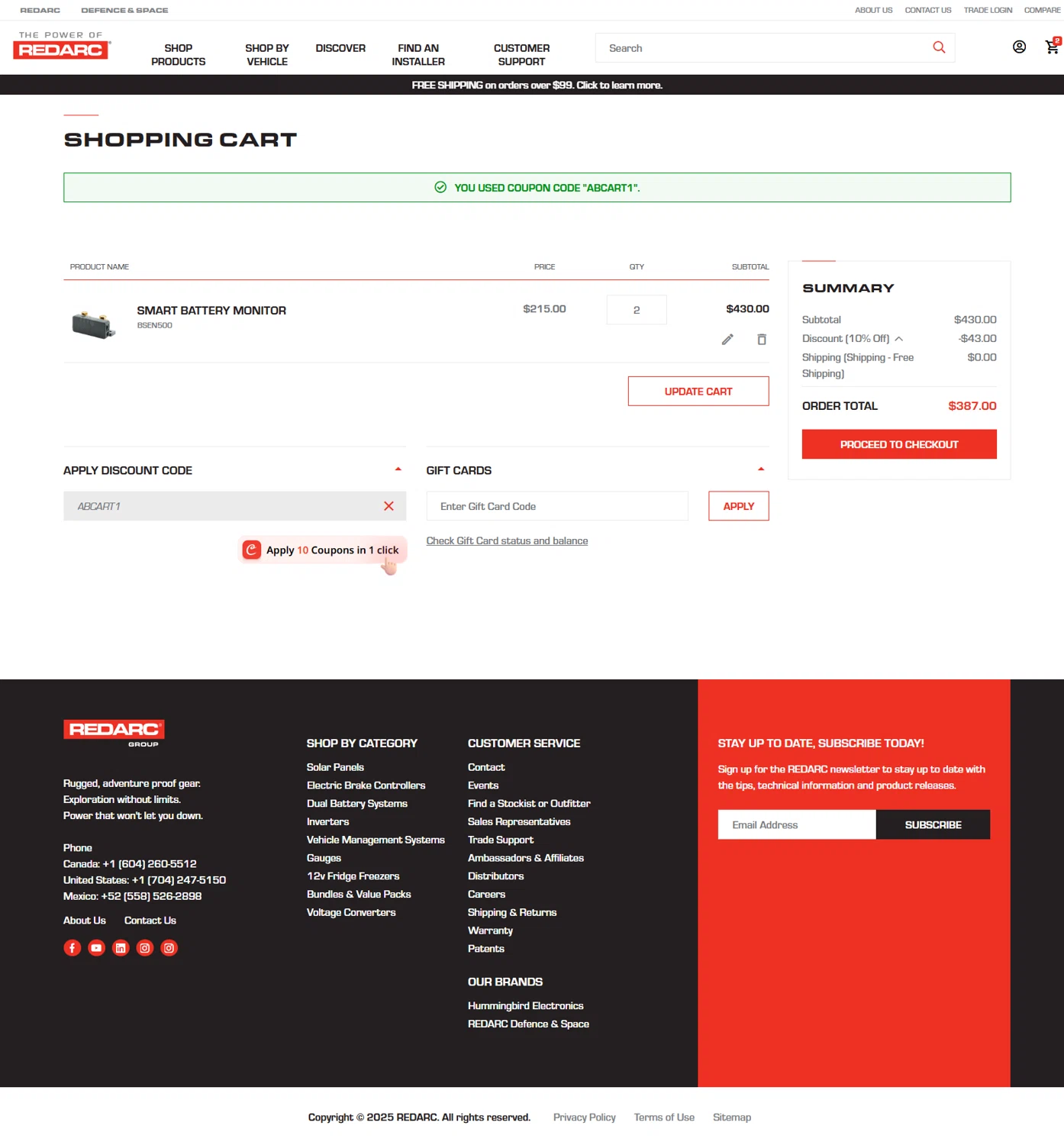 REDARC discount code screenshot showing code ABCART1 applied at REDARC checkout page. Uploaded by SimplyCodes community member Serdanvz on Sep 20, 2025