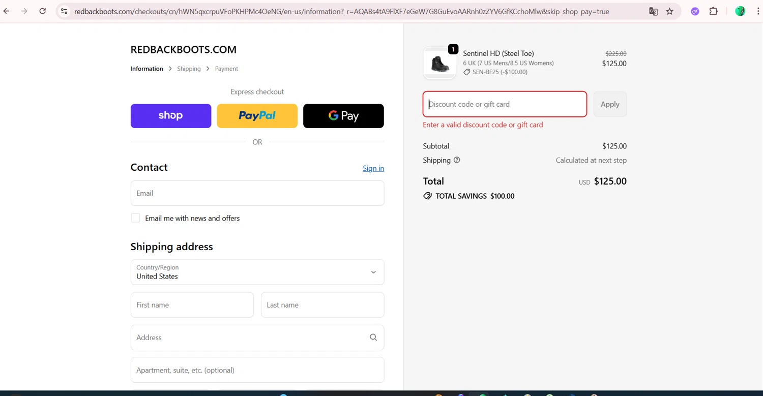 Redback Boots discount code screenshot showing code BYRON applied at Redback Boots checkout page. Uploaded by SimplyCodes community member FortunateMaven5954 on Nov 29, 2025