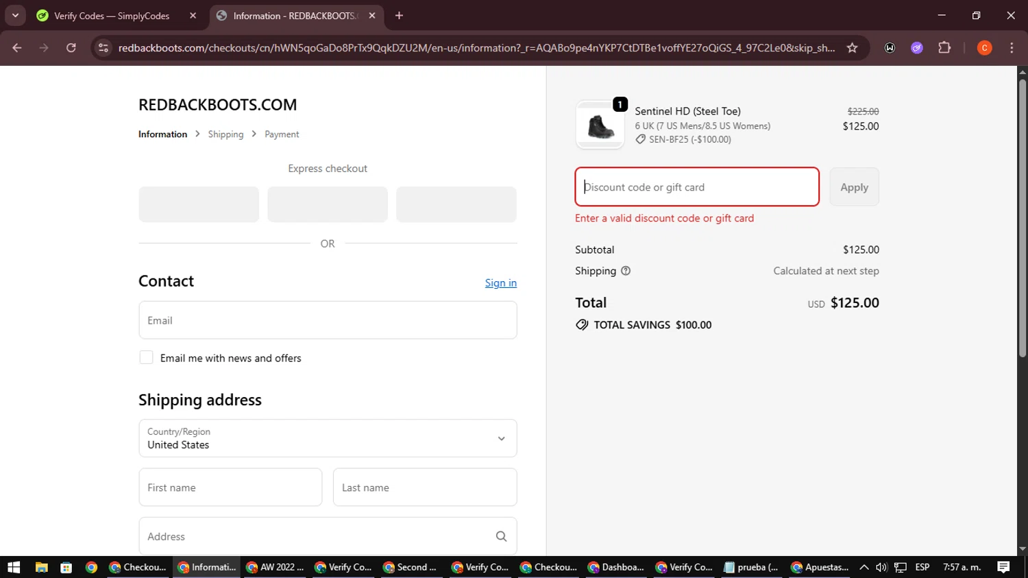 Redback Boots discount code screenshot showing code BYRON applied at Redback Boots checkout page. Uploaded by SimplyCodes community member NatanaelCano on Nov 29, 2025