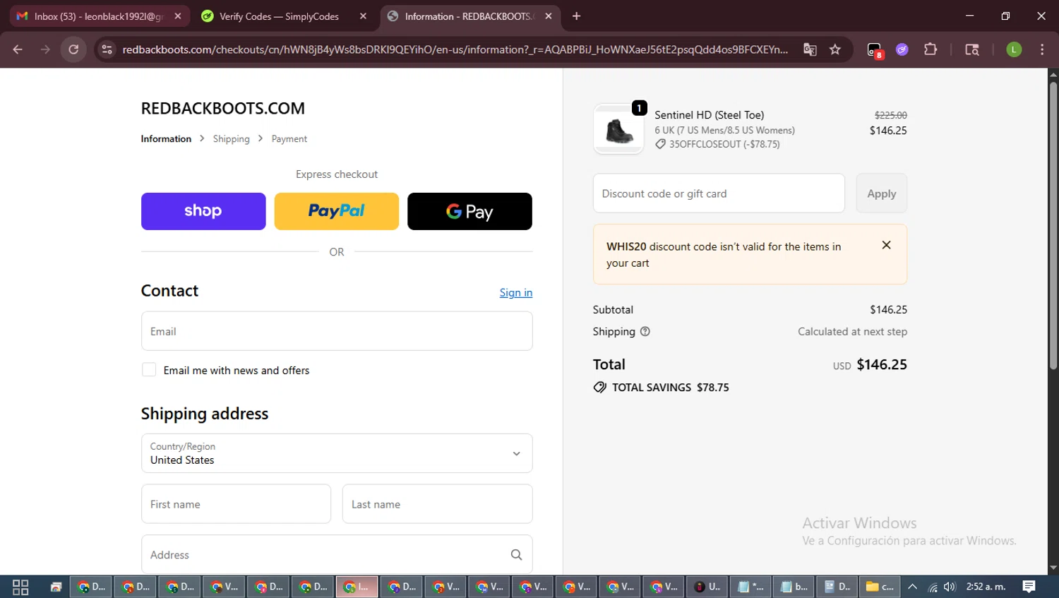 Redback Boots checkout page showing Redback Boots discount code box | Screenshot taken by SimplyCodes community member on Feb 13, 2026