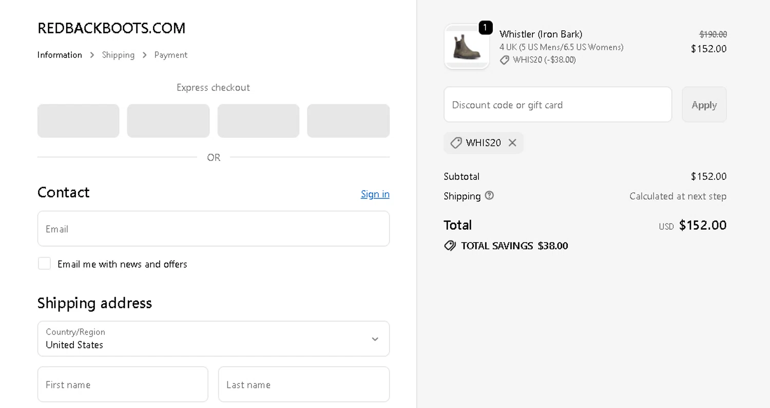 Redback Boots checkout page showing Redback Boots discount code box | Screenshot taken by SimplyCodes community member on Jan 31, 2026