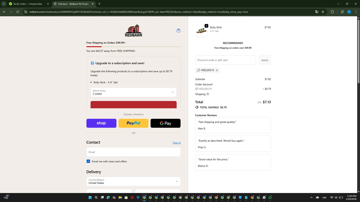 Redbarn promo code screenshot showing code HEELERS10 applied at Redbarn checkout page. Uploaded by SimplyCodes community member RewardVoyager146 on Feb 20, 2026