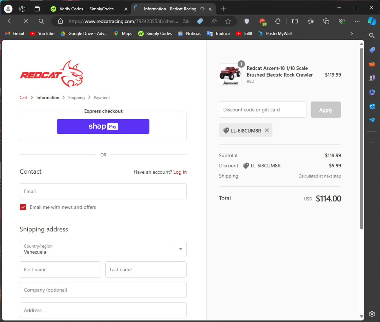 Redcat Racing checkout page showing Redcat Racing promo code box | Screenshot taken by SimplyCodes community member on Jul 4, 2024
