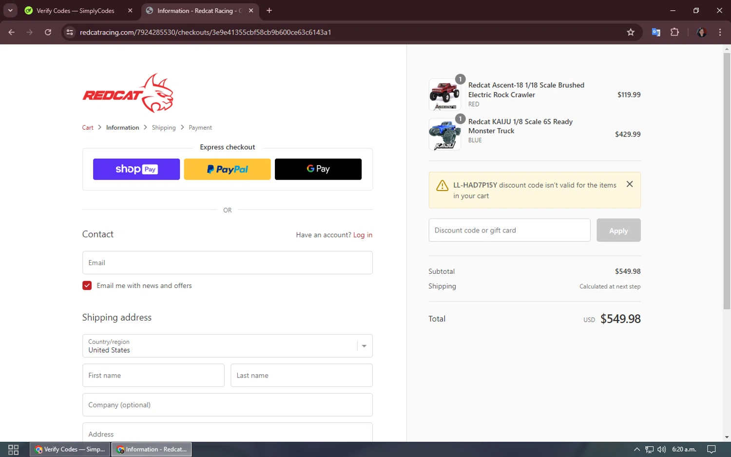 Redcat Racing checkout page showing Redcat Racing promo code box | Screenshot taken by SimplyCodes community member on Jul 5, 2024