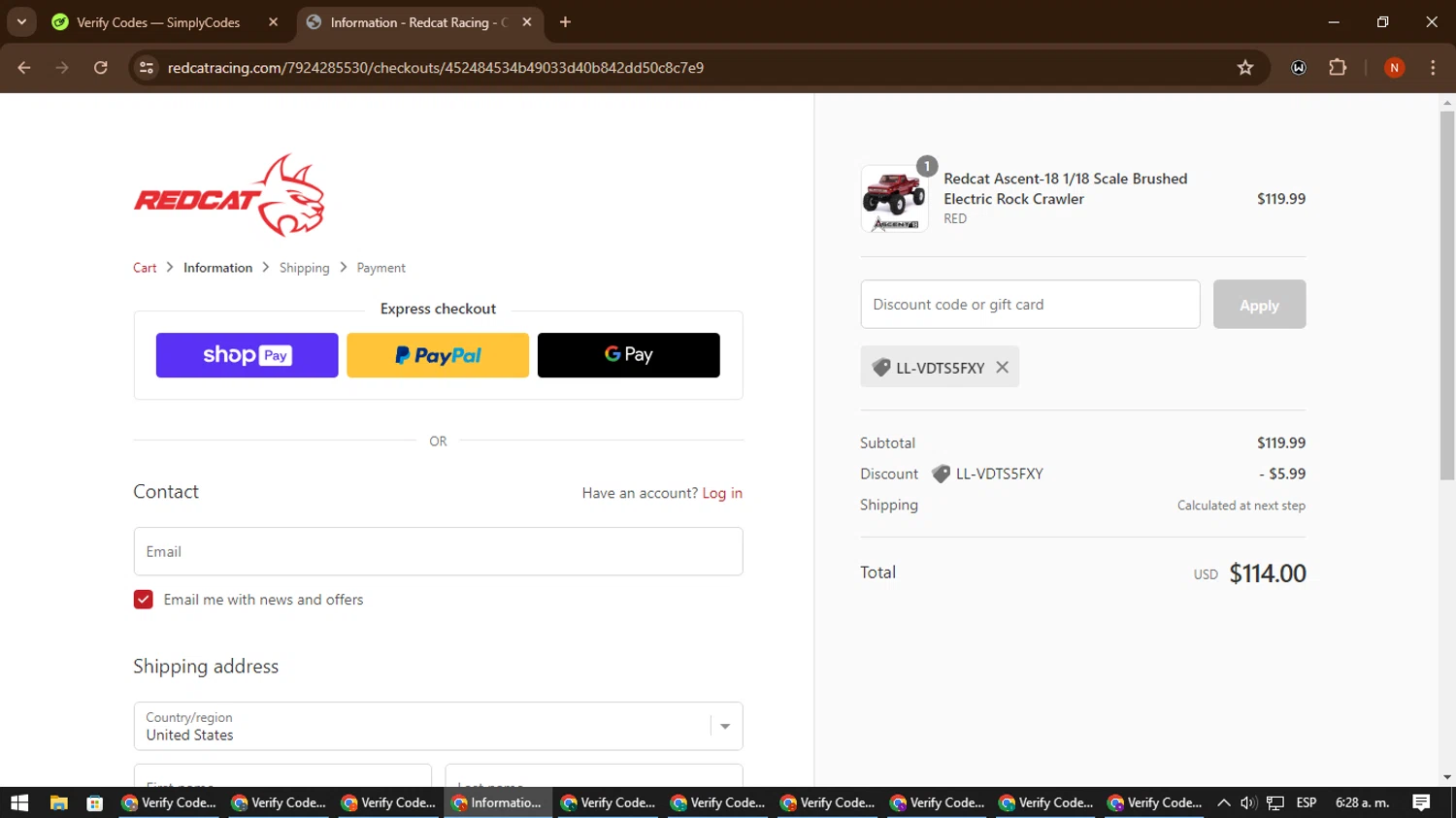 Redcat Racing checkout page showing Redcat Racing promo code box | Screenshot taken by SimplyCodes community member on Jul 6, 2024