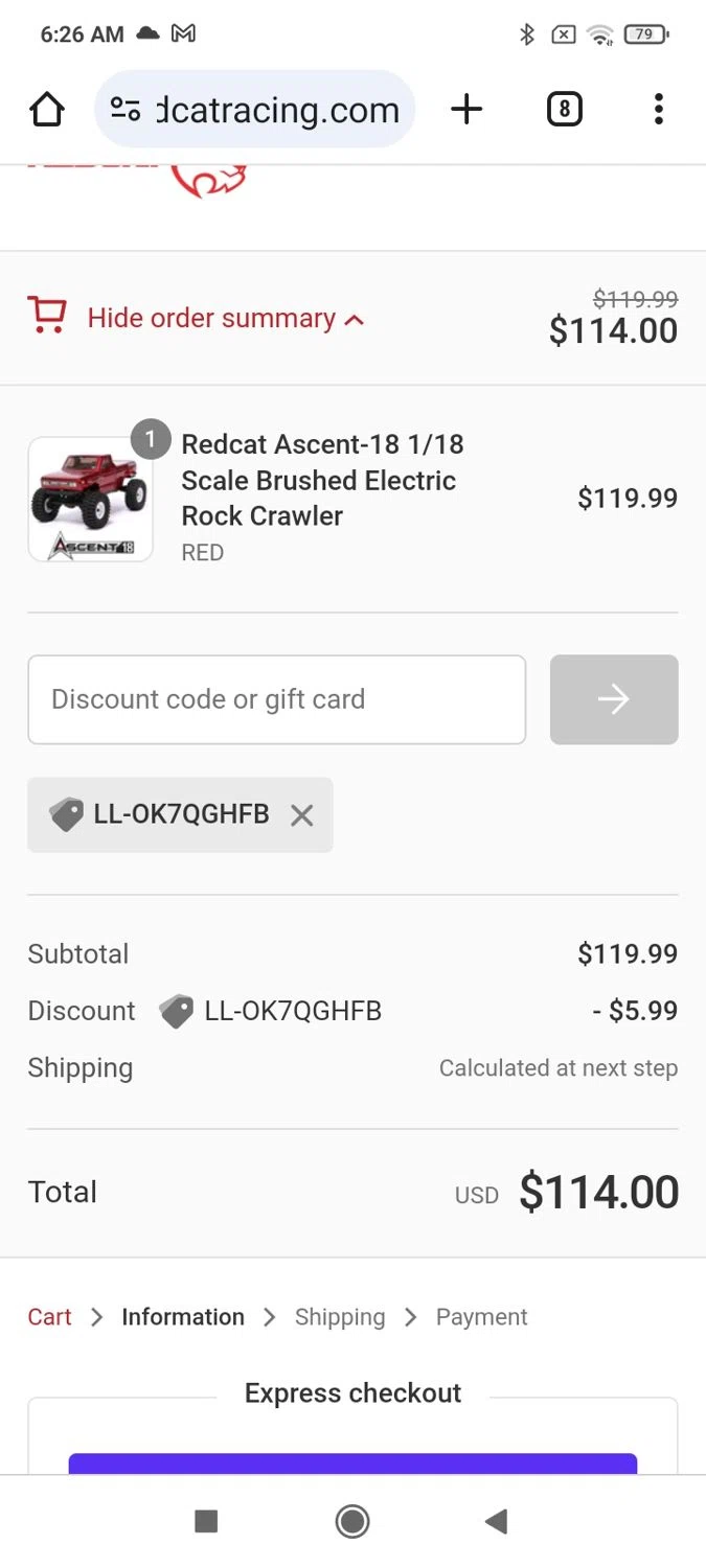 Redcat Racing checkout page showing Redcat Racing promo code box | Screenshot taken by SimplyCodes community member on Jul 7, 2024