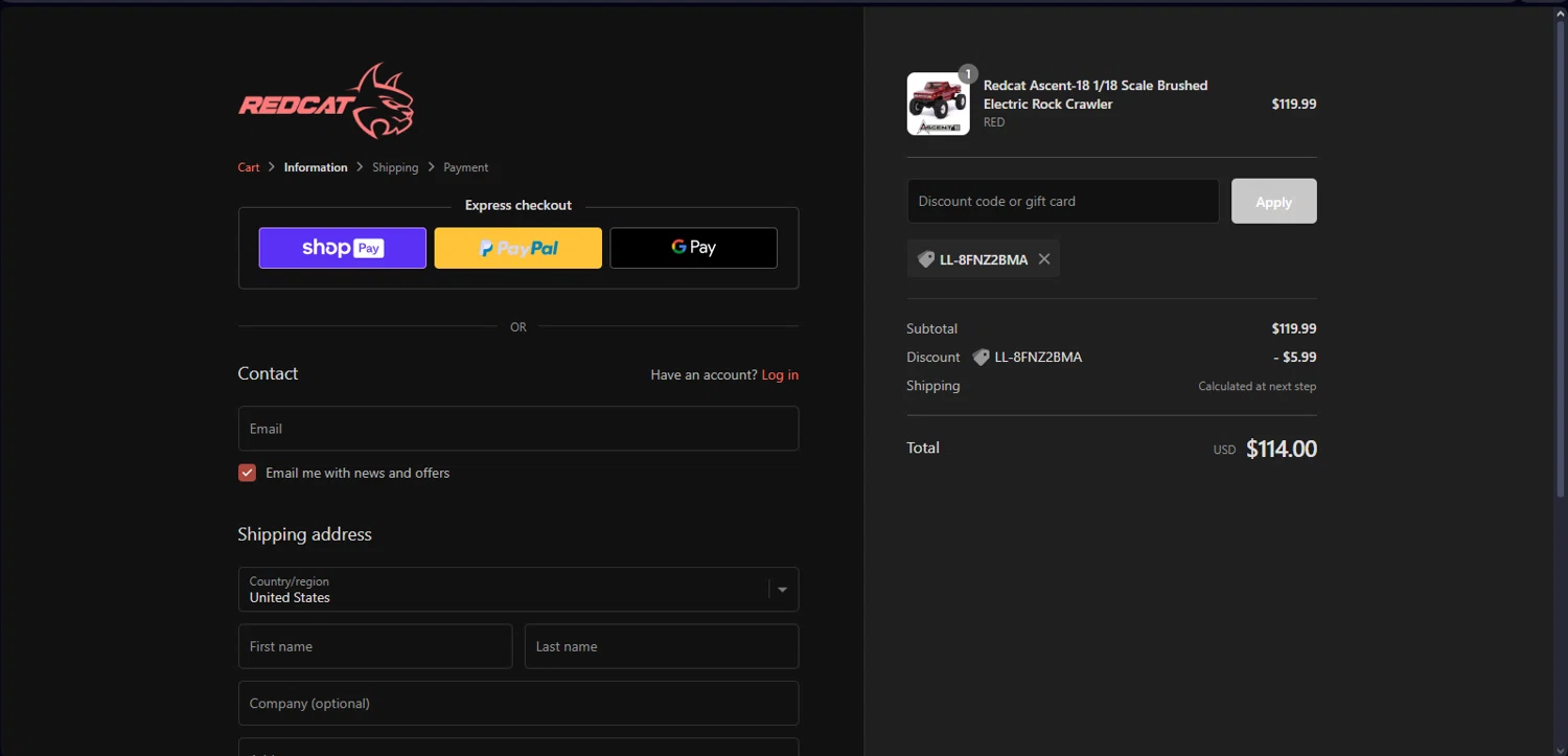 Redcat Racing checkout page showing Redcat Racing promo code box | Screenshot taken by SimplyCodes community member on Jul 8, 2024