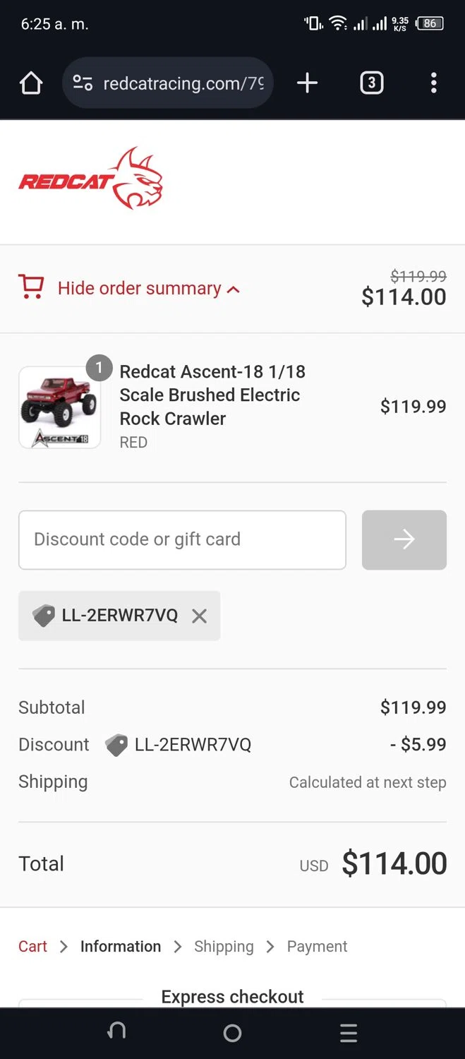 Redcat Racing checkout page showing Redcat Racing promo code box | Screenshot taken by SimplyCodes community member on Jul 9, 2024
