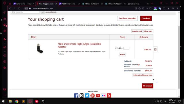 Redco Audio checkout page showing Redco Audio coupon code box | Screenshot taken by SimplyCodes community member on Jan 7, 2024