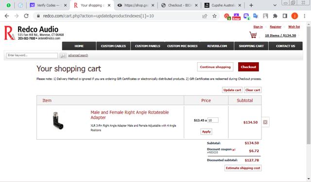Redco Audio checkout page showing Redco Audio coupon code box | Screenshot taken by SimplyCodes community member on Feb 5, 2024