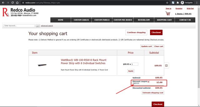 Redco Audio checkout page showing Redco Audio coupon code box | Screenshot taken by SimplyCodes community member on Dec 10, 2021