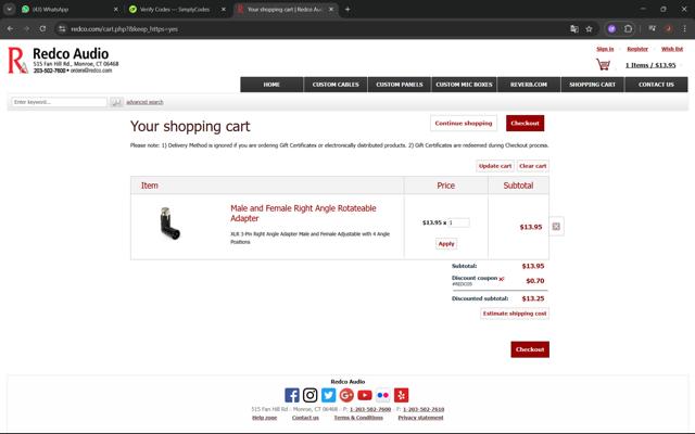 Redco Audio checkout page showing Redco Audio coupon code box | Screenshot taken by SimplyCodes community member on May 19, 2025