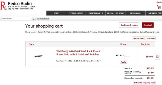 Redco Audio checkout page showing Redco Audio coupon code box | Screenshot taken by SimplyCodes community member on Sep 4, 2021