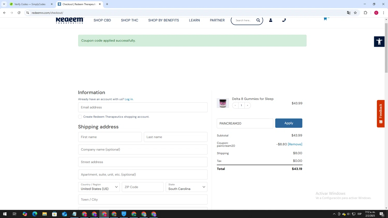Redeem Therapeutics promo code screenshot showing code PAINCREAM20 applied at Redeem Therapeutics checkout page. Uploaded by SimplyCodes community member TOROREX250 on Feb 2, 2025