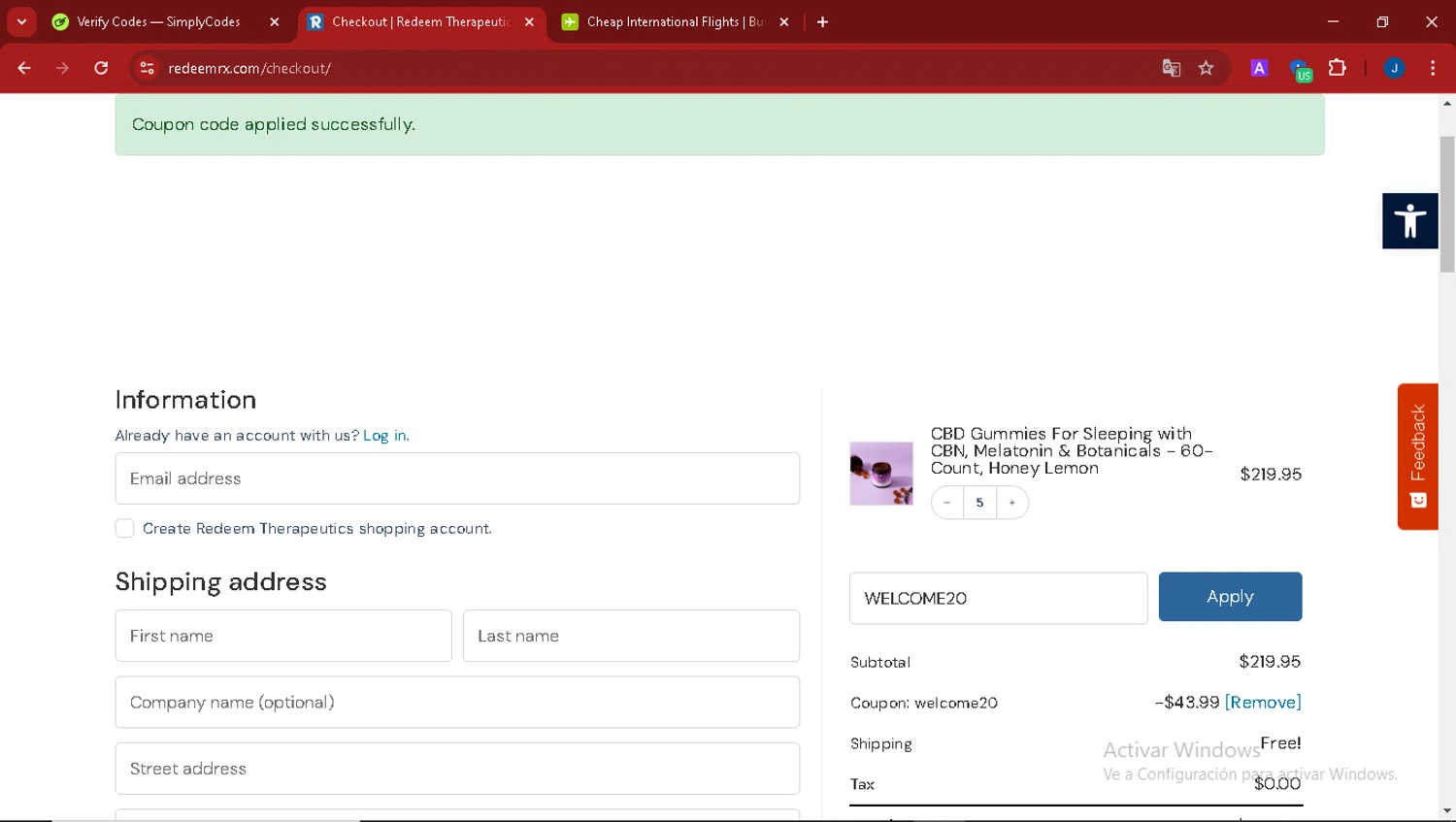Redeem Therapeutics promo code screenshot showing code WELCOME20 applied at Redeem Therapeutics checkout page. Uploaded by SimplyCodes community member thegordobaby on Mar 1, 2025