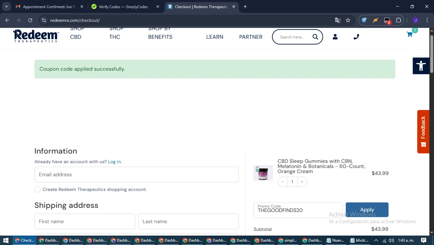 Redeem Therapeutics promo code screenshot showing code THEGOODFINDS20 applied at Redeem Therapeutics checkout page. Uploaded by SimplyCodes community member LegendaryLegend9872 on May 31, 2025