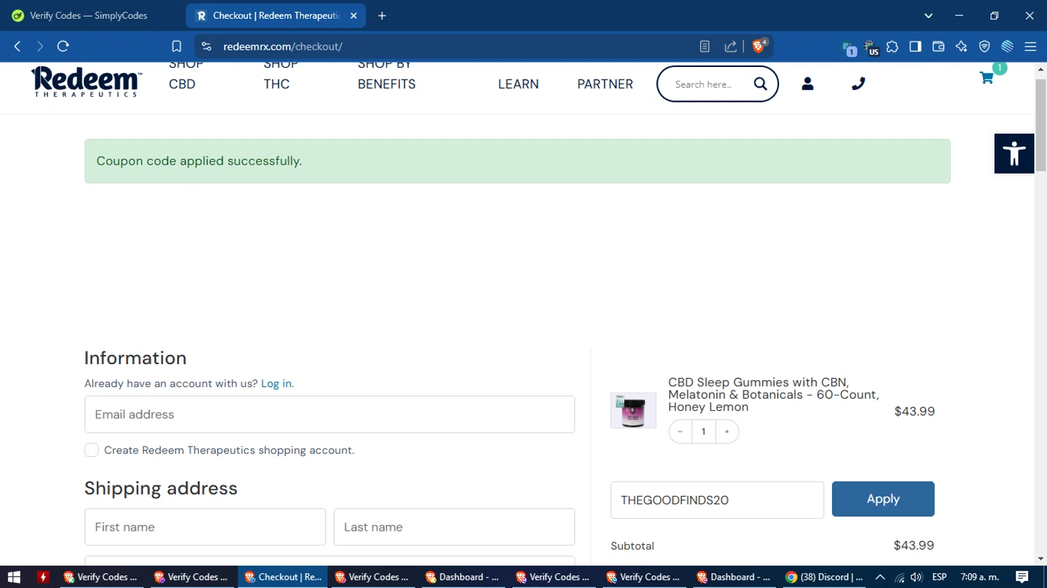 Redeem Therapeutics promo code screenshot showing code THEGOODFINDS20 applied at Redeem Therapeutics checkout page. Uploaded by SimplyCodes community member MagnificentVoyager2830 on Mar 30, 2025