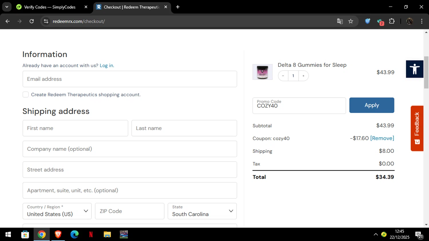 Redeem Therapeutics checkout page showing Redeem Therapeutics promo code box | Screenshot taken by SimplyCodes community member on Dec 22, 2025