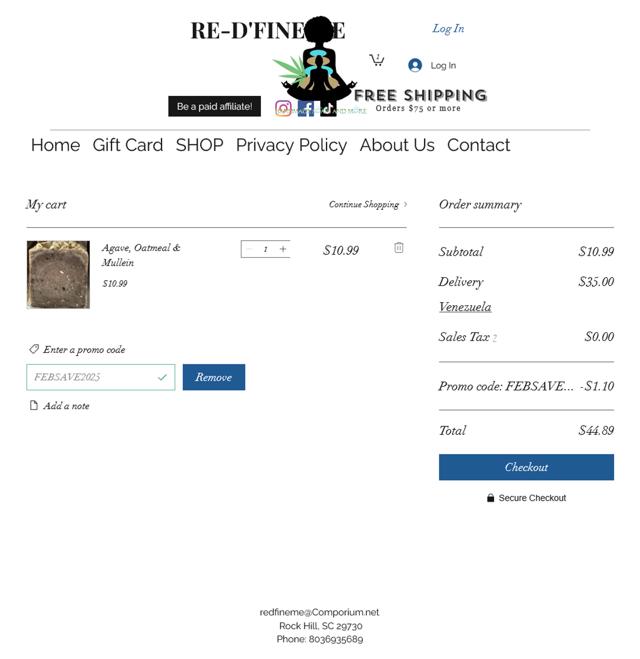 Re-D'Fine Me LLC checkout page showing Re-D'Fine Me LLC promo code box | Screenshot taken by SimplyCodes community member on Sep 23, 2025