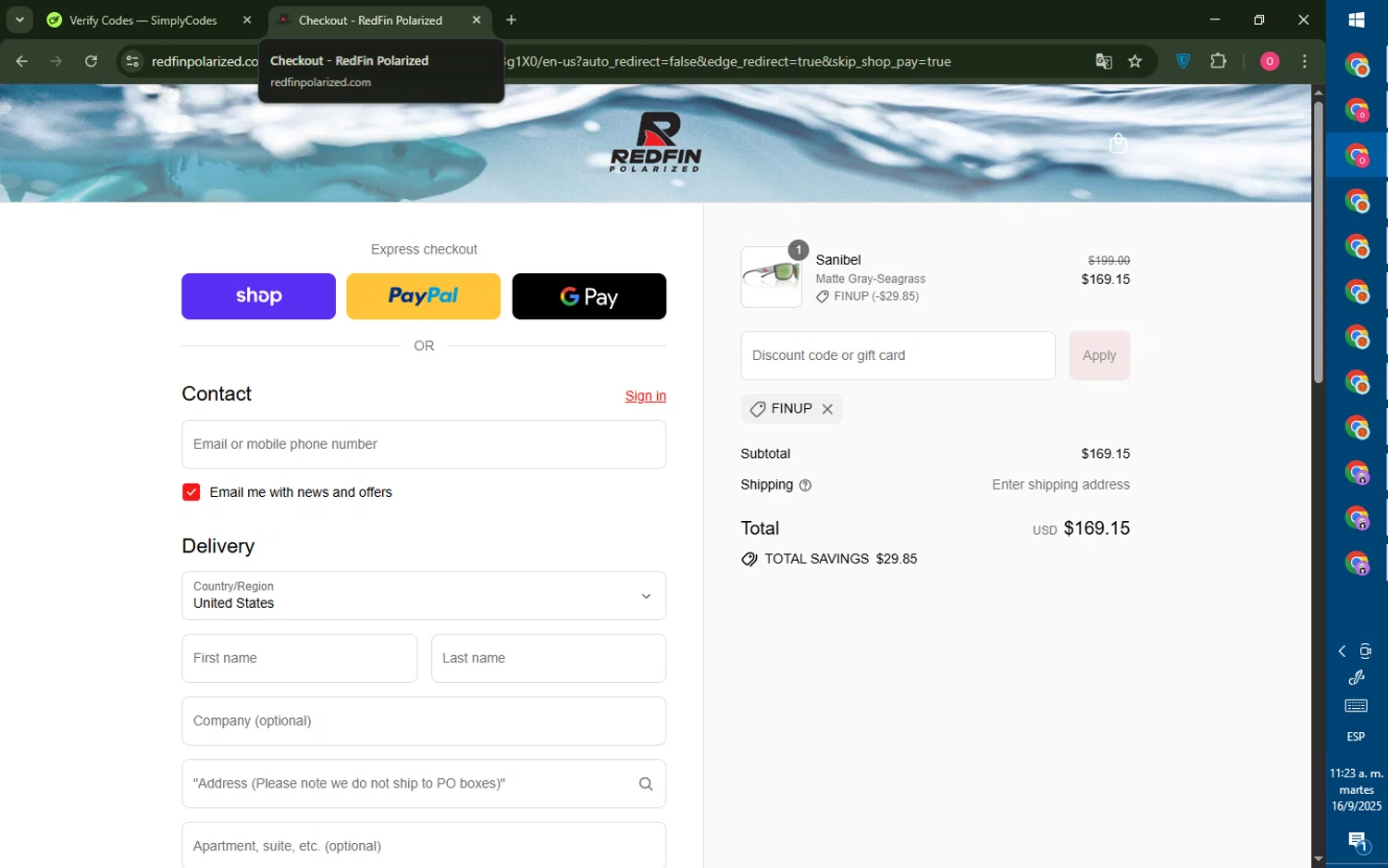 RedFin Polarized promo code screenshot showing code FinUp applied at RedFin Polarized checkout page. Uploaded by SimplyCodes community member LegendaryRanger6350 on Sep 16, 2025