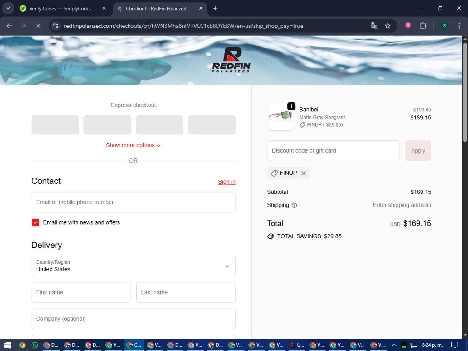 RedFin Polarized promo code screenshot showing code FinUp applied at RedFin Polarized checkout page. Uploaded by SimplyCodes community member lilMosey on Sep 25, 2025