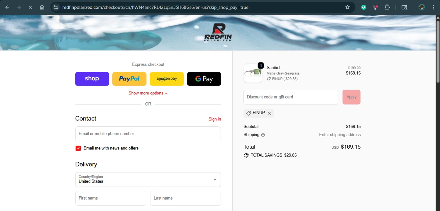 RedFin Polarized promo code screenshot showing code FinUp applied at RedFin Polarized checkout page. Uploaded by SimplyCodes community member xAngel on Oct 27, 2025
