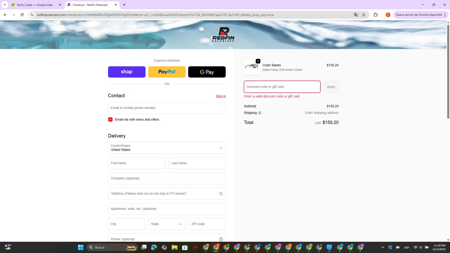RedFin Polarized promo code screenshot showing code WELCOME10 applied at RedFin Polarized checkout page. Uploaded by SimplyCodes community member DealVirtuoso2241 on Dec 5, 2025