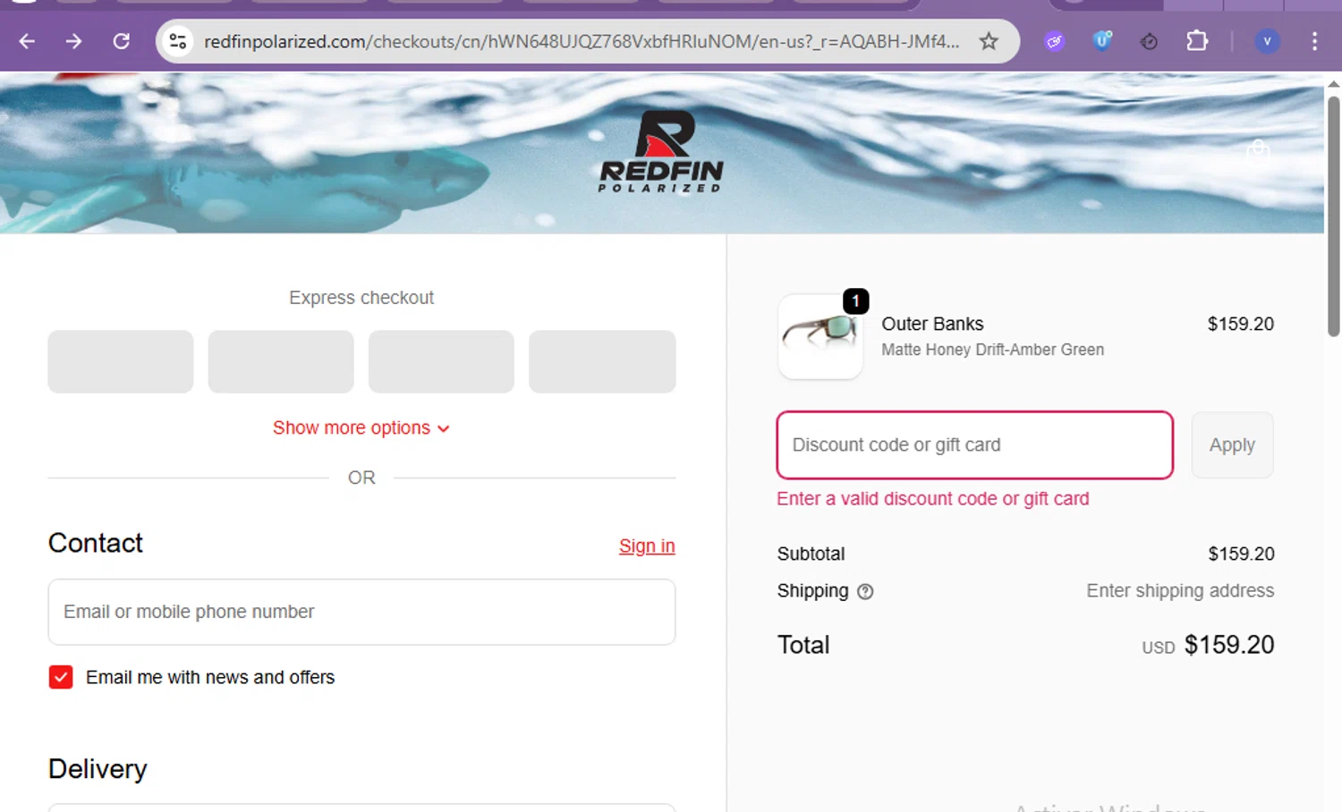 RedFin Polarized promo code screenshot showing code WELCOME10 applied at RedFin Polarized checkout page. Uploaded by SimplyCodes community member beatrizcastillo on Dec 5, 2025